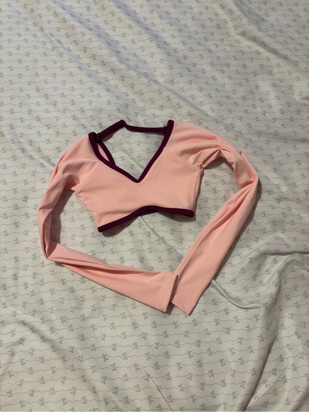 Cropped V-Neck Long Sleeve Top in Pink with Plum Trim Tiger Friday
